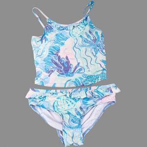 Lilly Pulitzer Girls Bikini Sz 8 Tankini Blue Floral 2 Piece Swimsuit